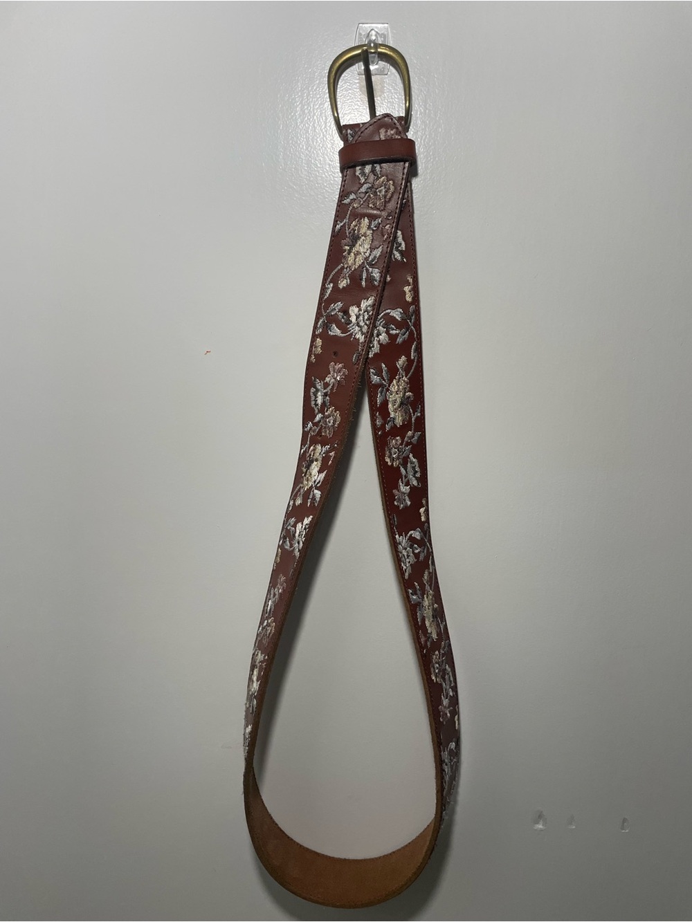 Lucky Brand Brown Leather Belt with Floral Embroidery and Brass Buckle - Picture 4 of 4